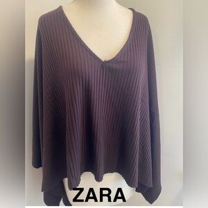 ZARA Chocolate Brown Ribbed V-Neck Poncho Top - Size M - NEW